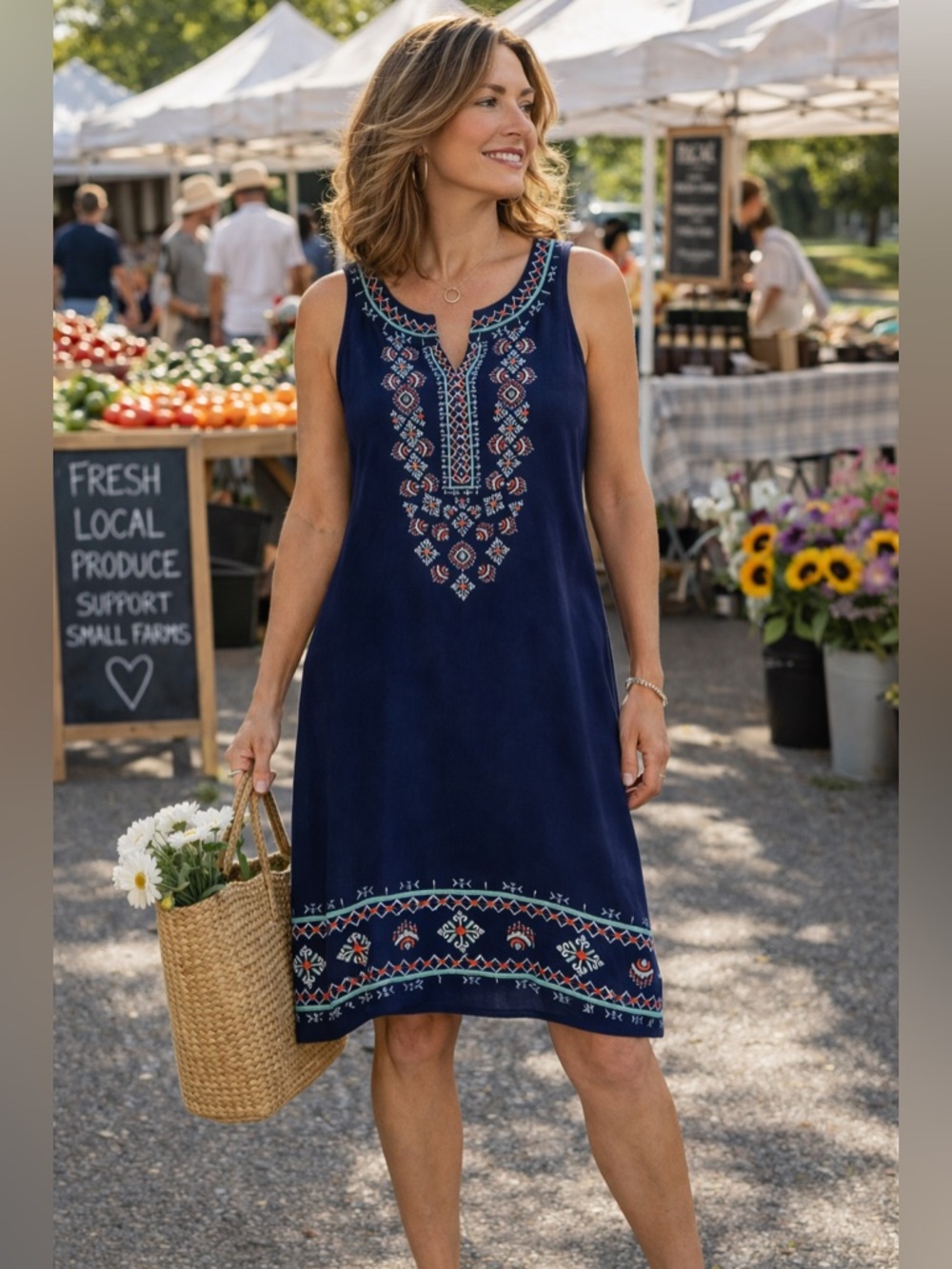 Style & Co Petite Embroidered Boho Shift Dress Navy Sleeveless PS Summer